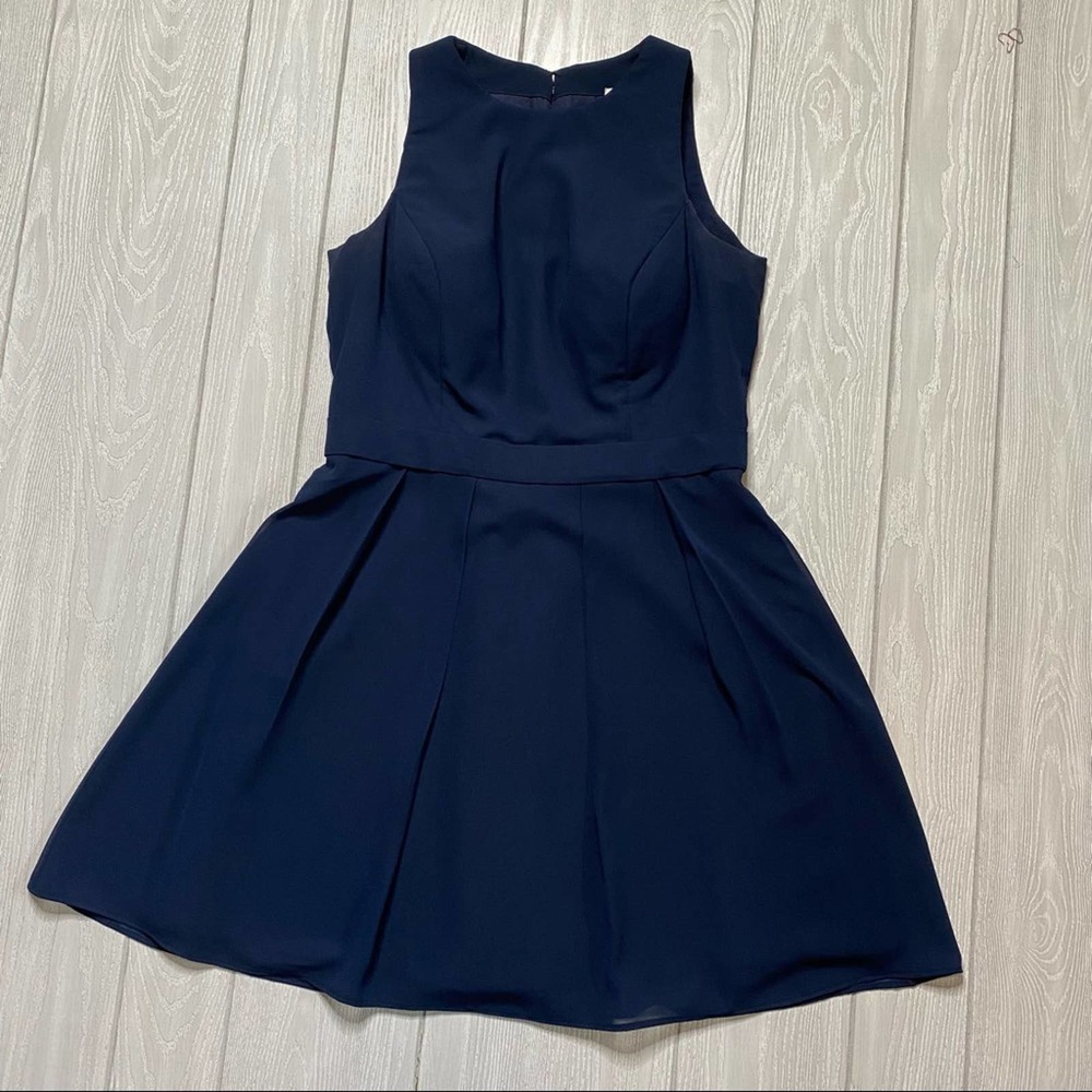 BILL LEVKOFF WOMEN'S NAVY BLUE KNEE LENGTH HIGH NECKLINE FIT AND FLARE SIZE 14